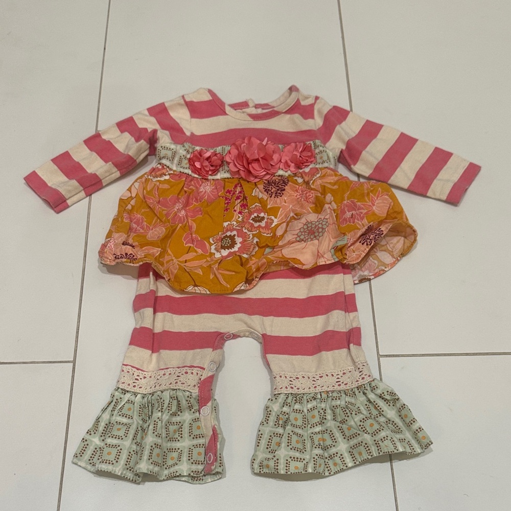 Peaches & cream  Striped Pink and Floral Baby Outfit 6m